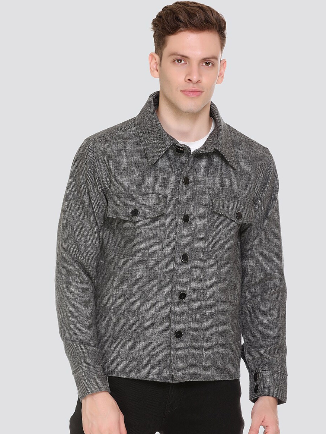 

HONNETE Men Grey Black Checked Lightweight Open Front Jacket