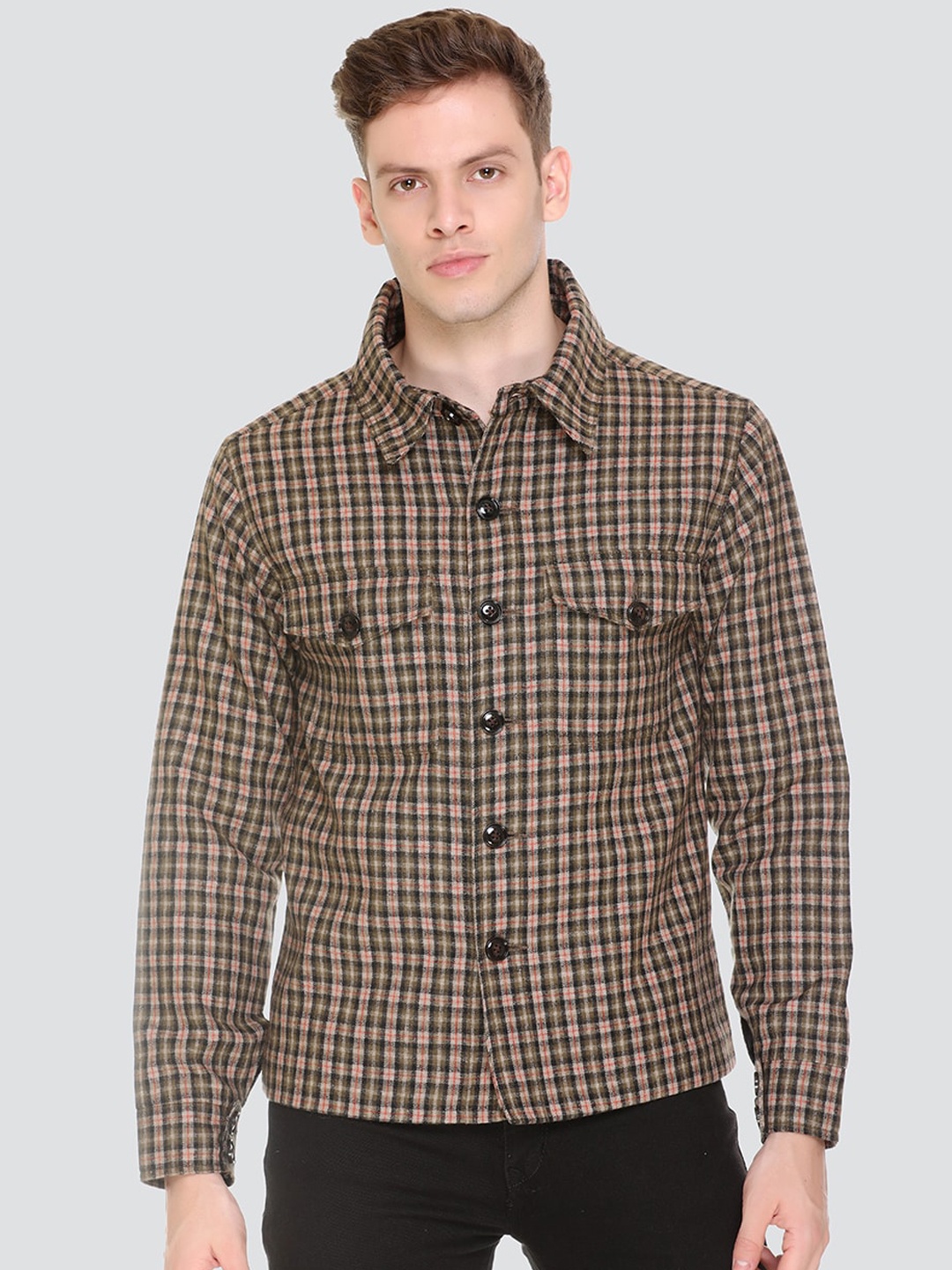 

HONNETE Men Olive Green Beige Checked Lightweight Tailored Jacket