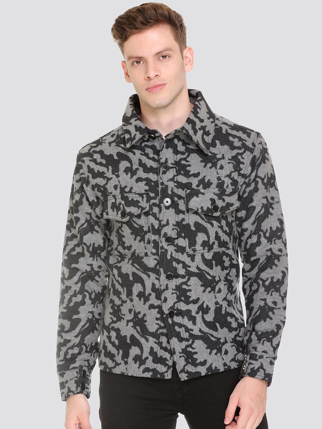 

HONNETE Grey Black Camouflage Lightweight Open Front Jacket