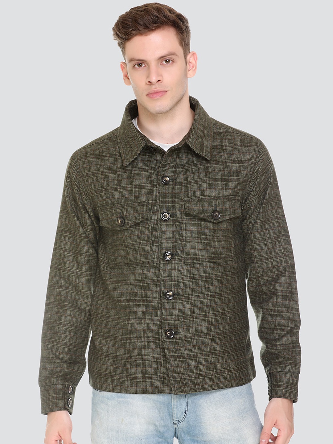 

HONNETE Men Green Checked Lightweight Tailored Winter Jacket
