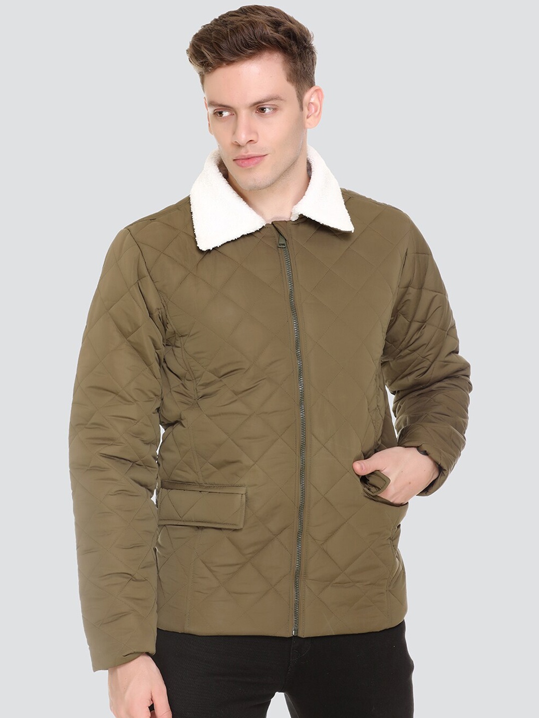 

HONNETE Men Olive Green White Checked Lightweight Quilted Jacket