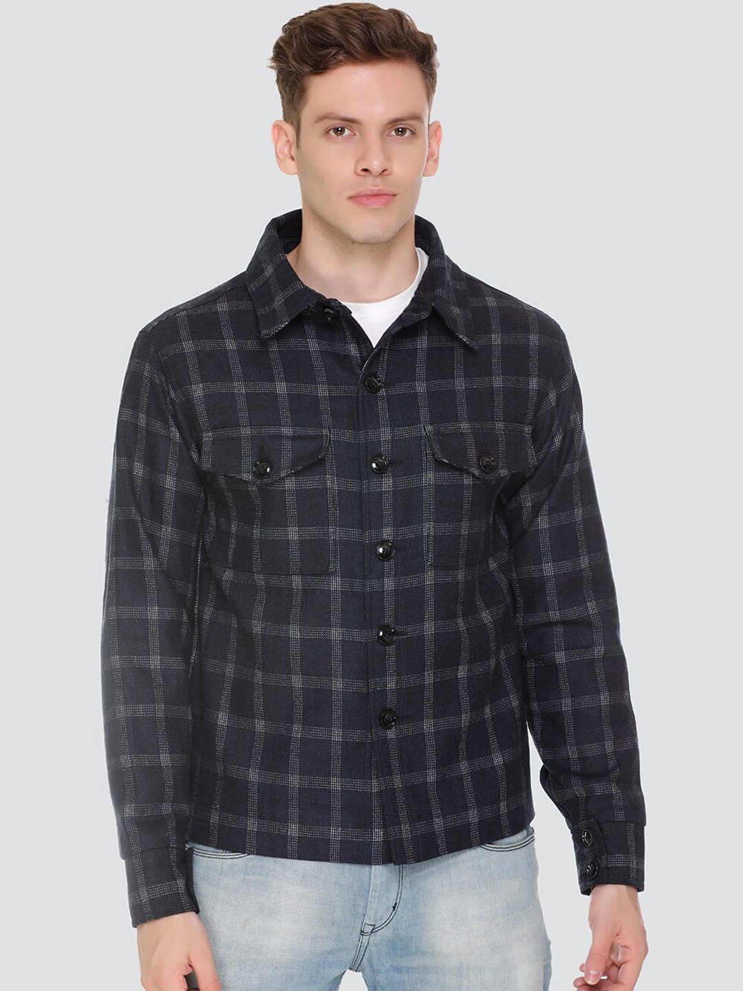 

HONNETE Men Navy Blue Grey Checked Lightweight Open Front Jacket