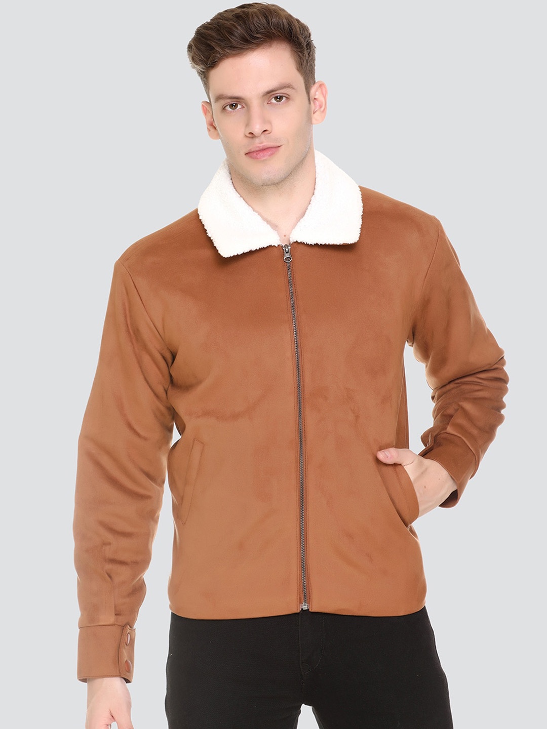 

HONNETE Men Tan Striped Lightweight Crop Outdoor Tailored Jacket