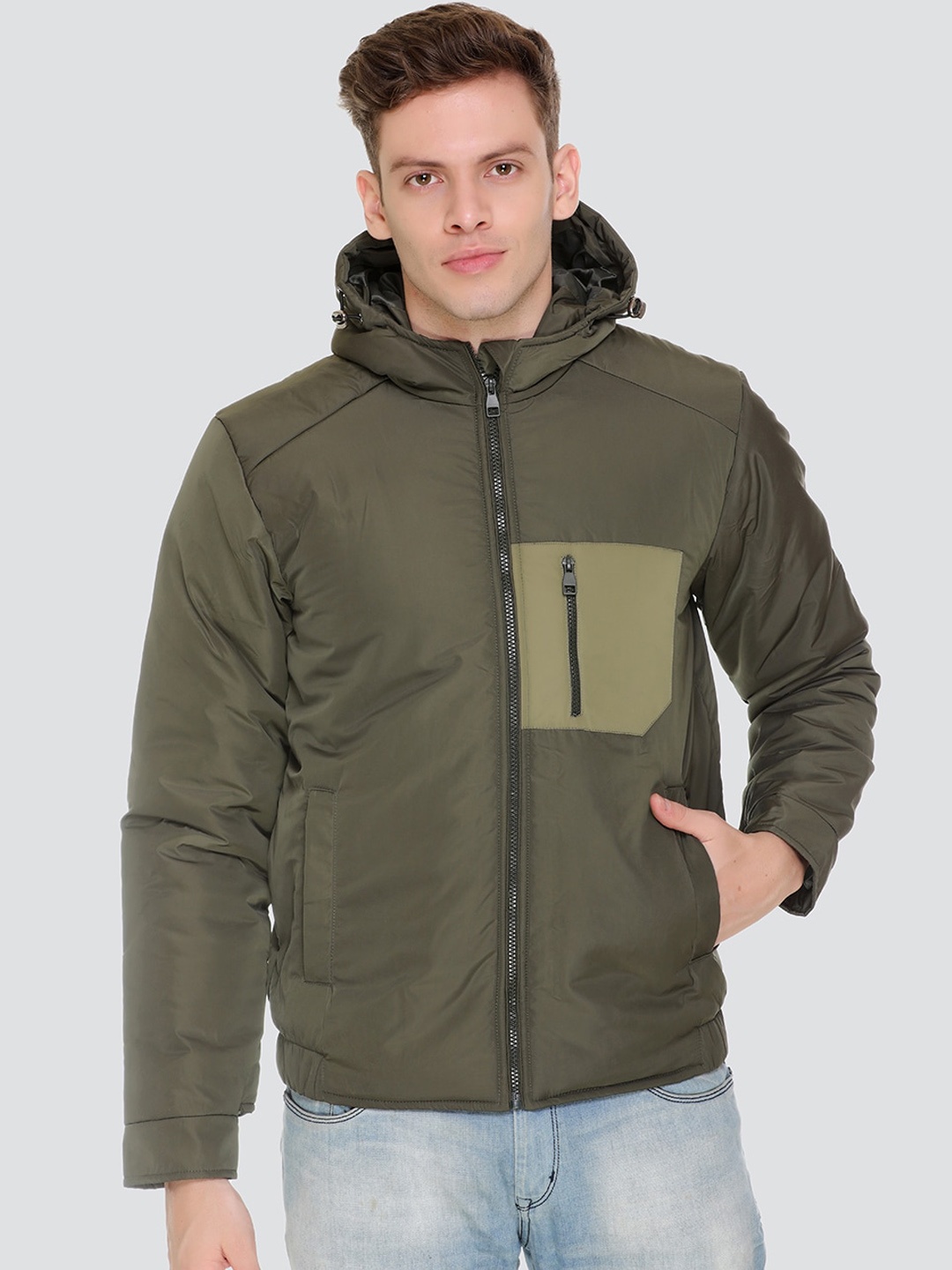 

HONNETE Men Olive Green Colourblocked Lightweight Puffer Jacket with Patchwork
