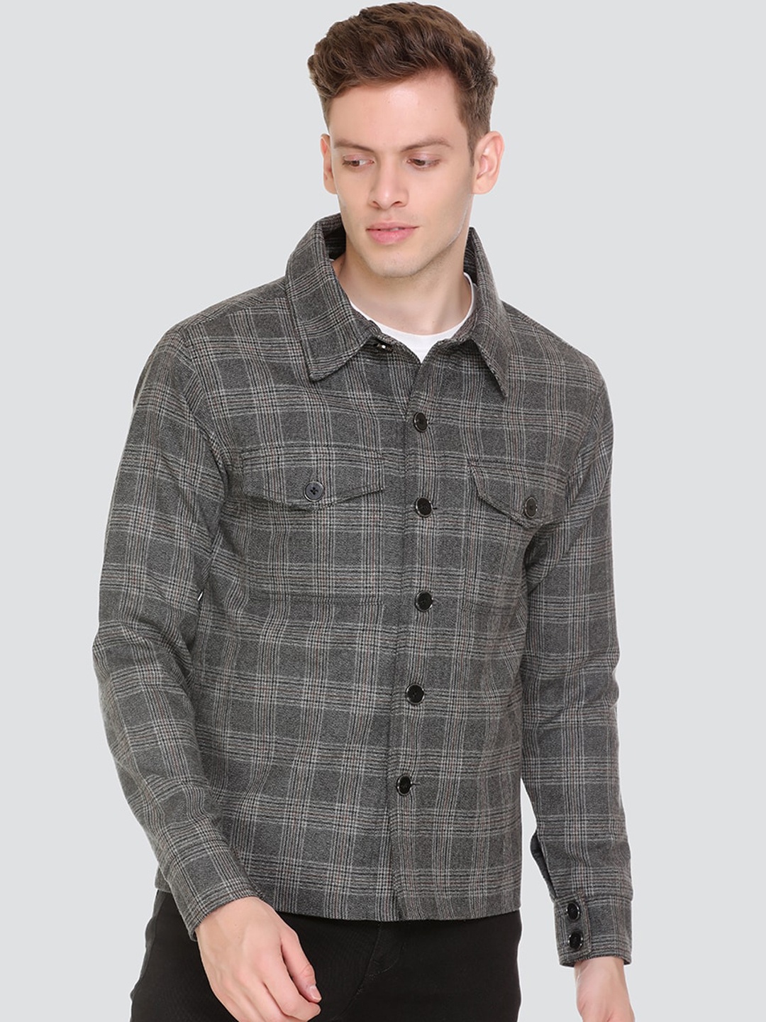

HONNETE Men Grey Checked Lightweight Tailored Winter Jacket