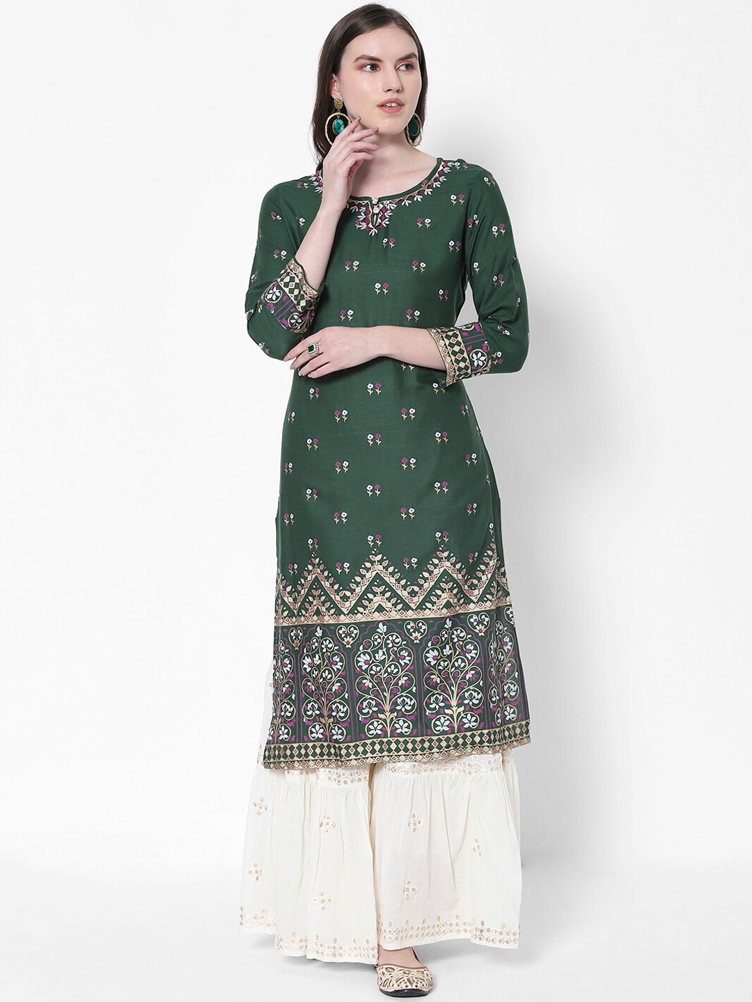 

HEEPOSH Ethnic Motifs Printed Cotton Kurta, Green