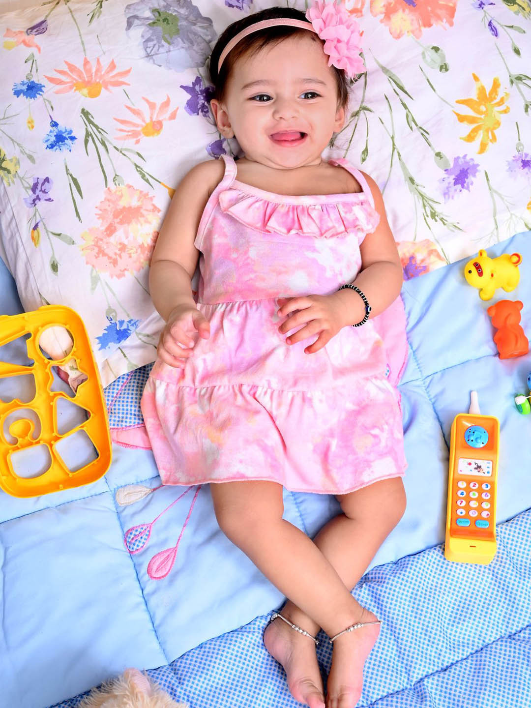 

YK Baby Infant Girls Pink Tie & Dye Peplum Dress with Ruffle Detail