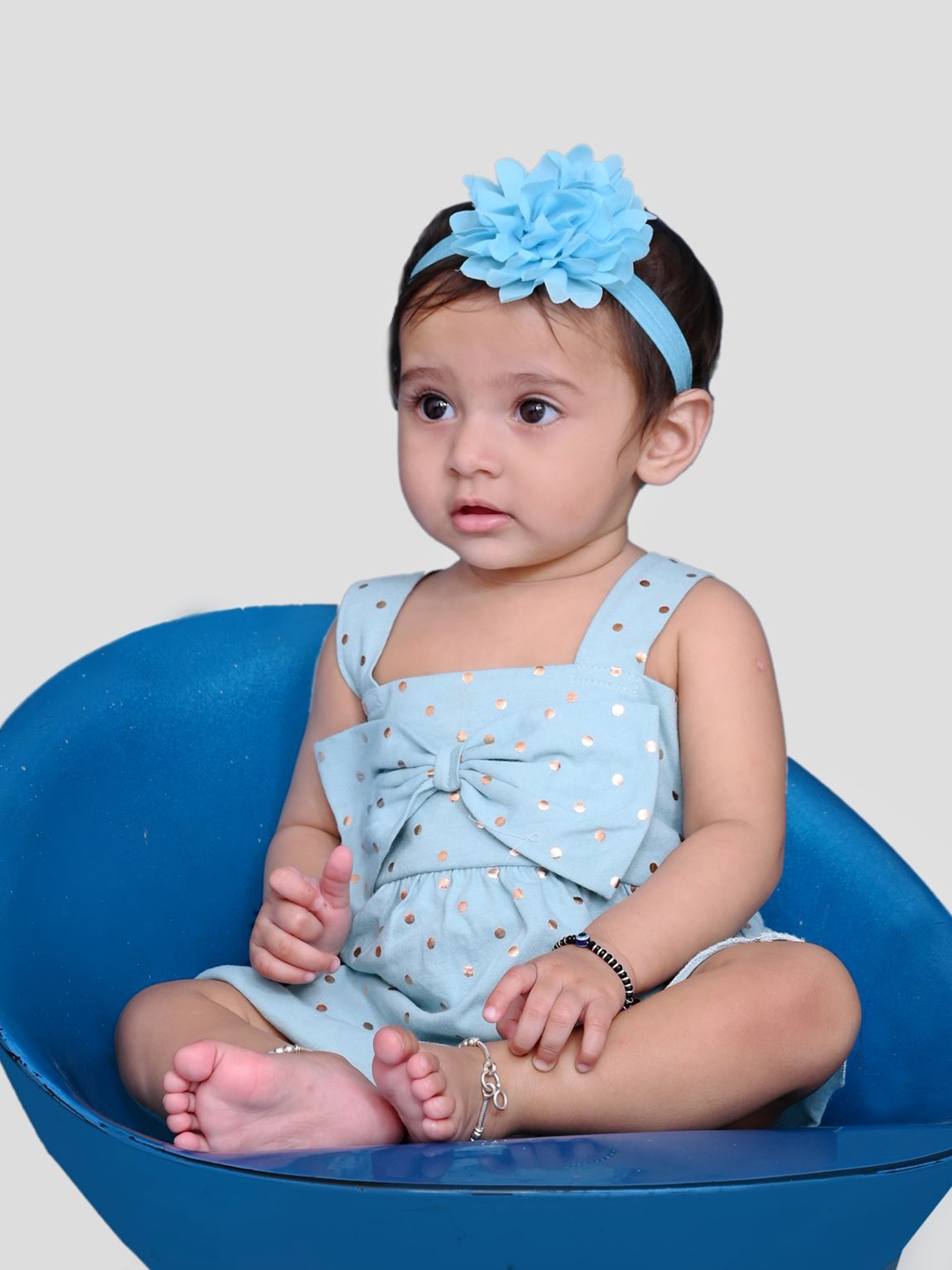

YK Baby Infant Girls Foil Polka Dot Printed Fit & Flare Dress, Blue