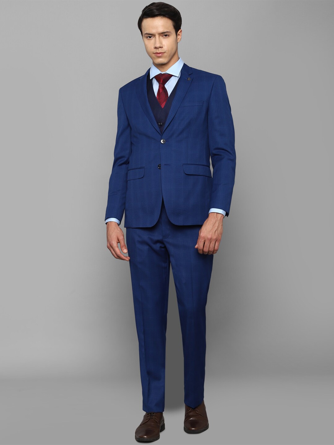 

Allen Solly Men Navy Blue Checked Single-Breasted Slim-Fit Three-Piece Suit