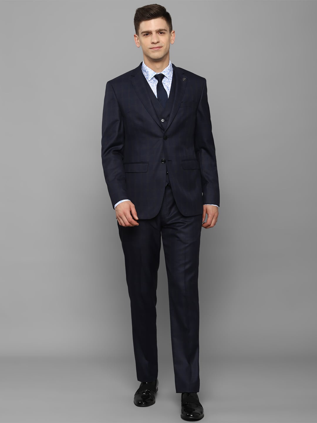 

Allen Solly Men Navy Blue Checked Single-Breasted Slim-Fit Three-Piece Formal Suit