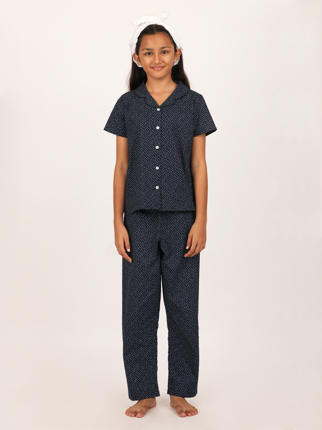 

mackly Girls Navy Blue & White Printed Night suit