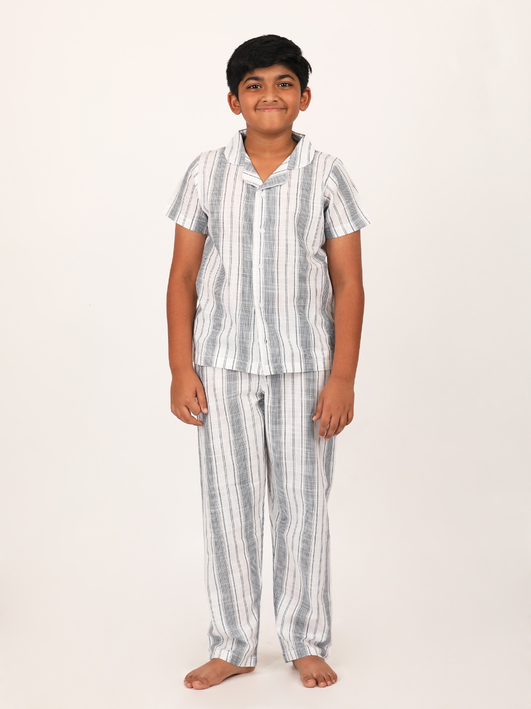 

mackly Boys Off White & Grey Striped Pure Cotton Night suit