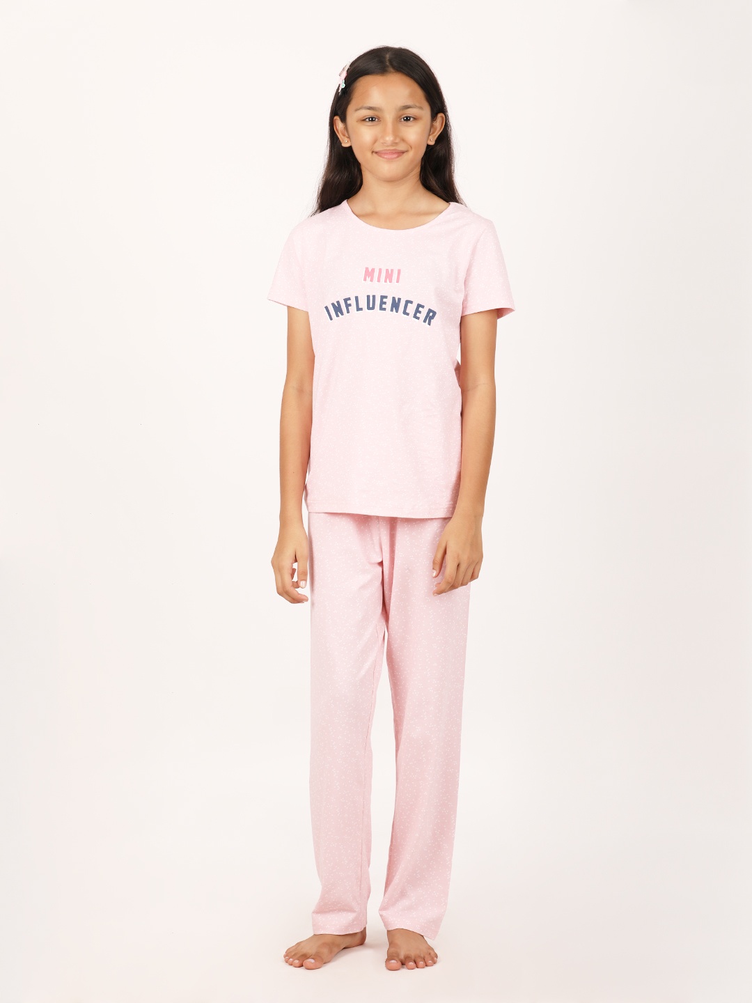 

mackly Girls Peach-Coloured & White Printed Night suit