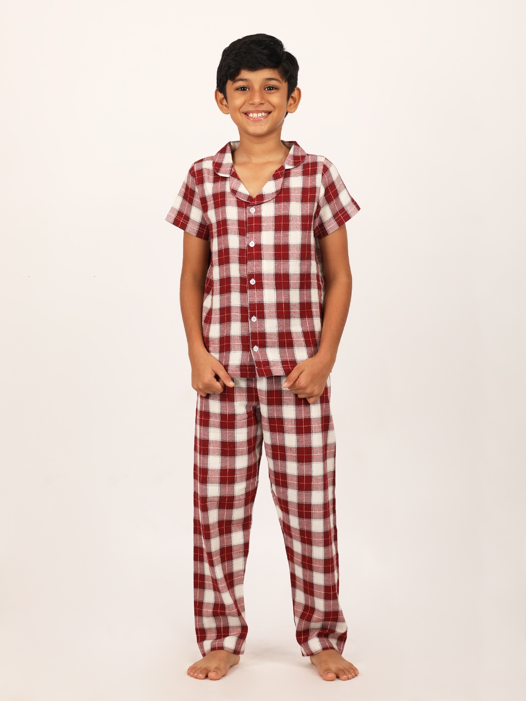 

mackly Boys Maroon & White Pure Cotton Checked Night suit