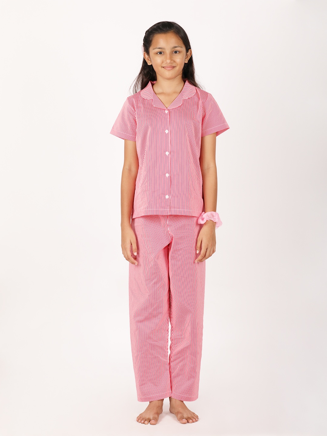 

mackly Girls Red Striped Pure Cotton Night suit