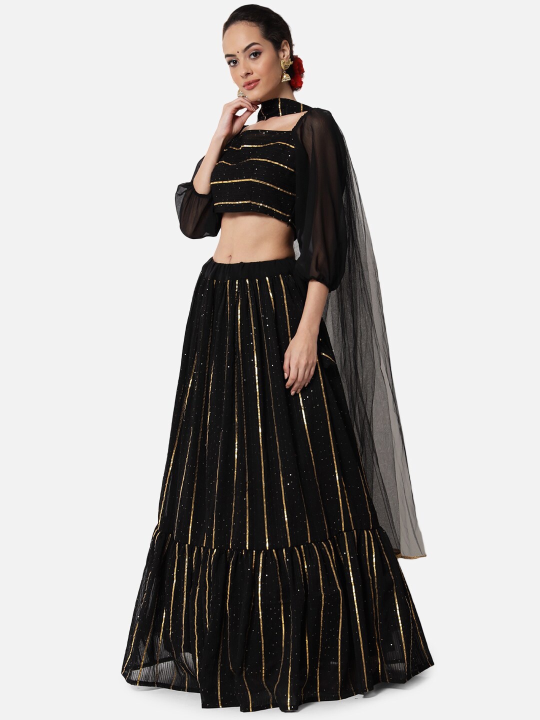 

studio rasa Black & Gold-Toned Embellished Ready to Wear Lehenga & Blouse With Dupatta