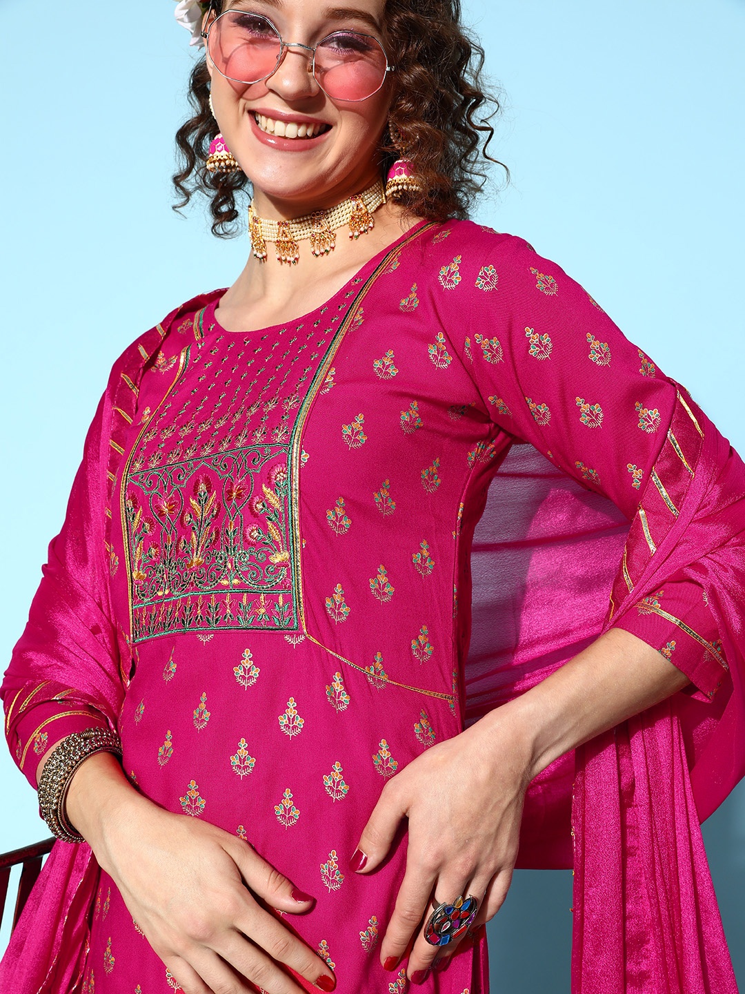 

SheWill Women Pink & Golden Ethnic Motifs Printed Kurta with Skirt & With Dupatta