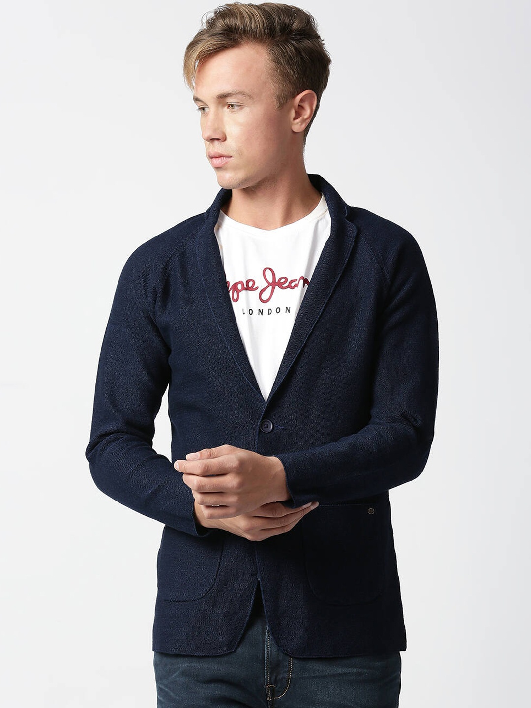 

Pepe Jeans Men Navy Blue Self-Design Single-Breasted Pure Cotton Blazer