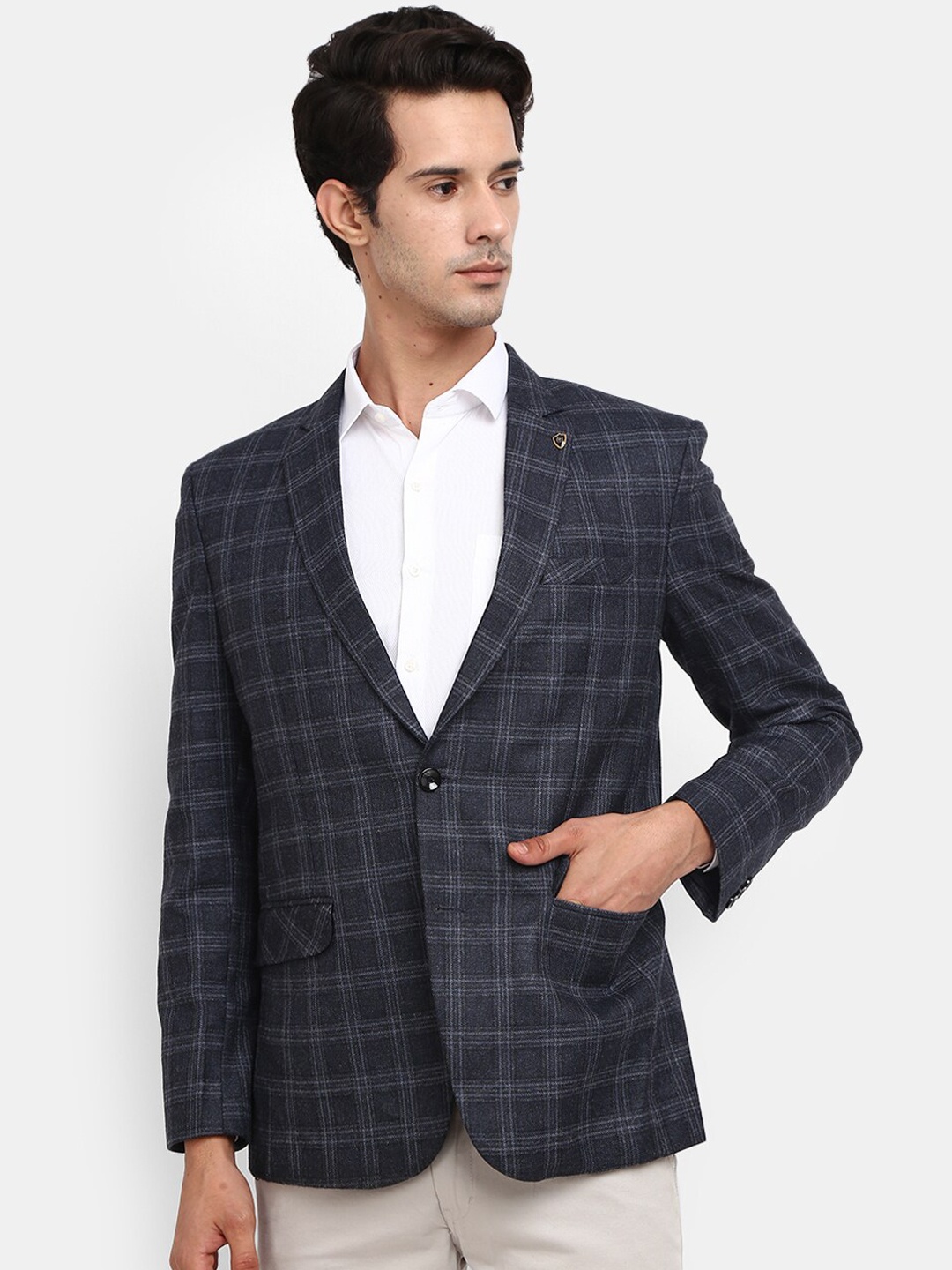 

V-Mart Men Navy Blue & Grey Checked Single Breasted Casual Blazers