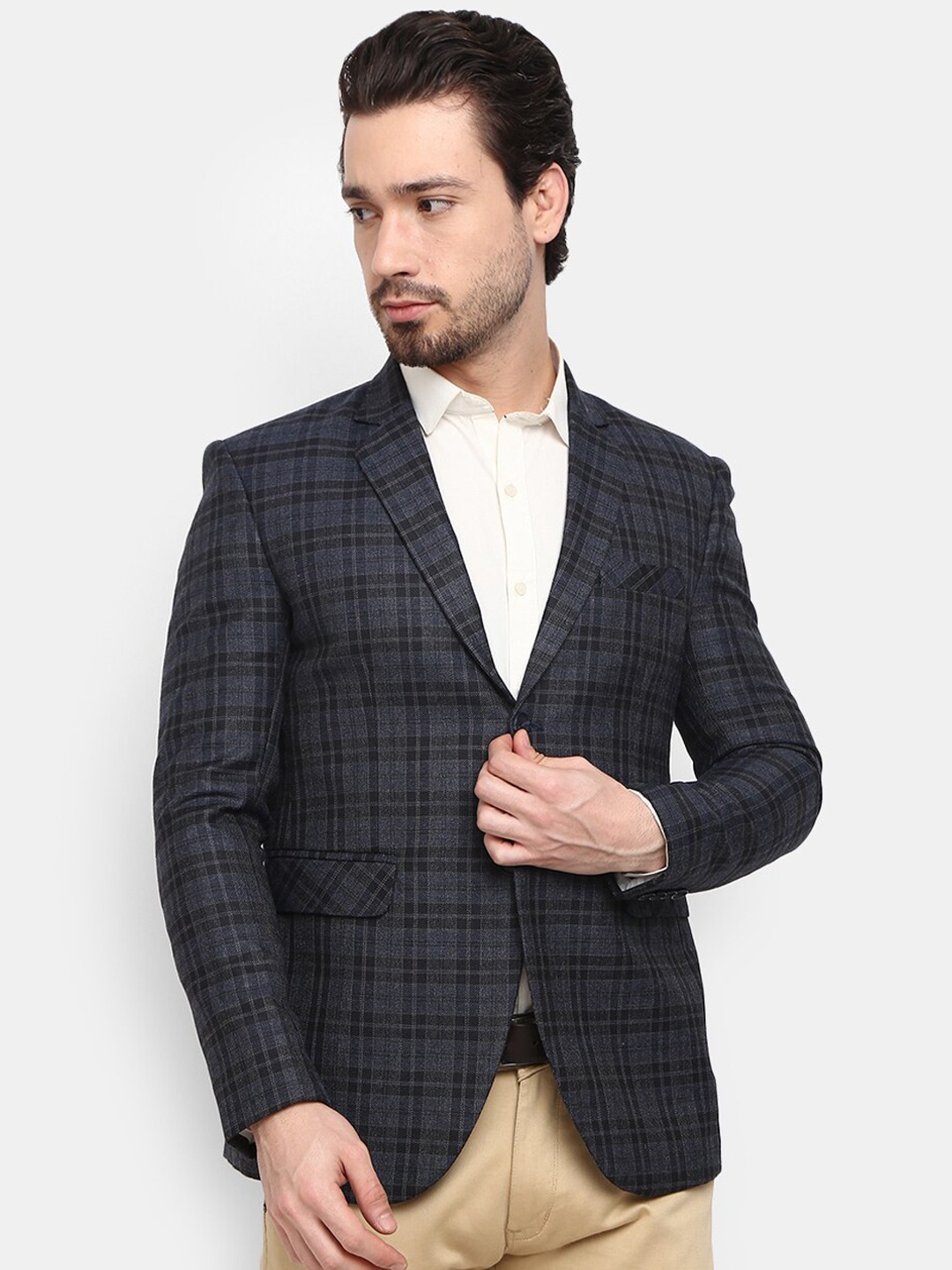 

V-Mart Men Navy Blue Checked Single-Breasted Formal Blazer