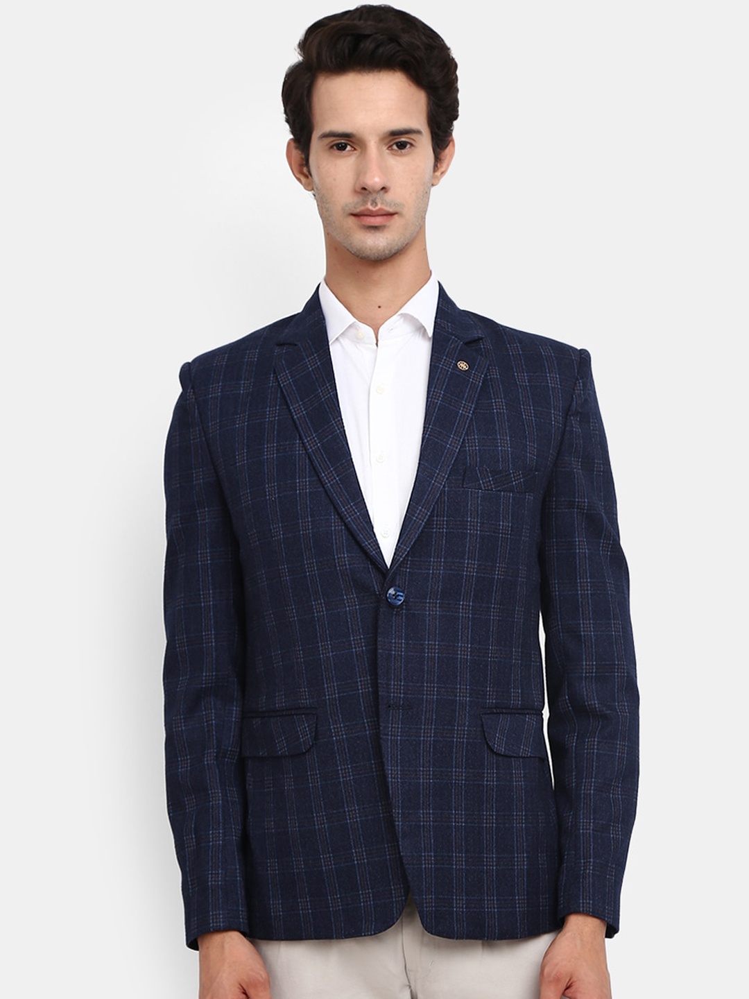 

V-Mart Men Navy Blue Checked Single-Breasted Formal Blazer