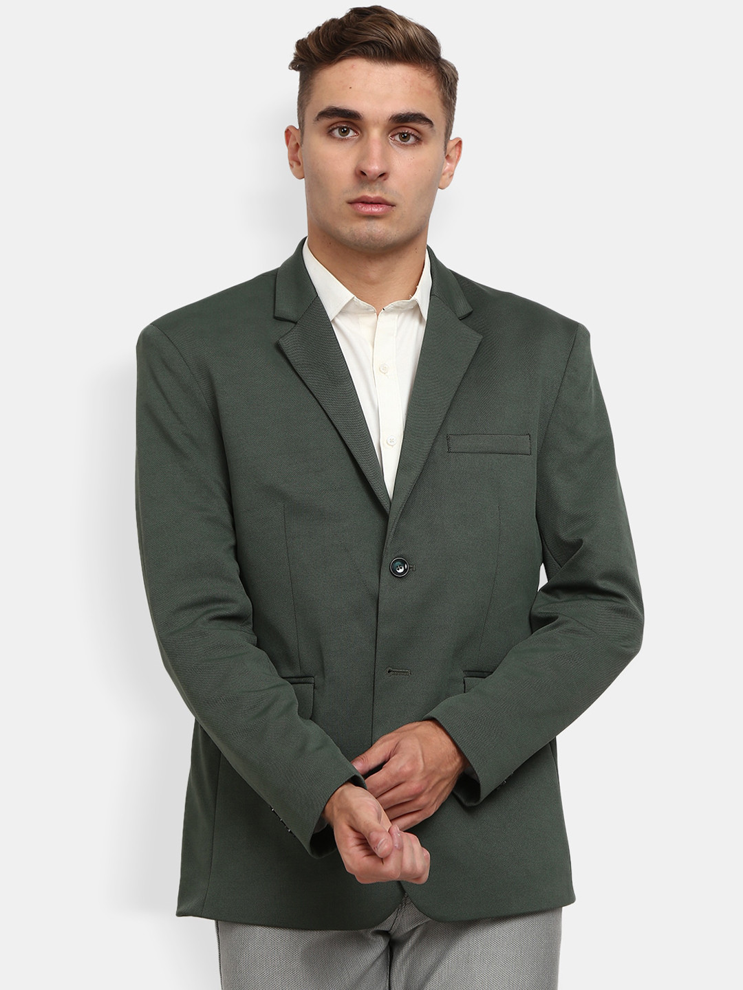 

V-Mart Men Olive Grey Solid Single-Breasted Formal Blazer