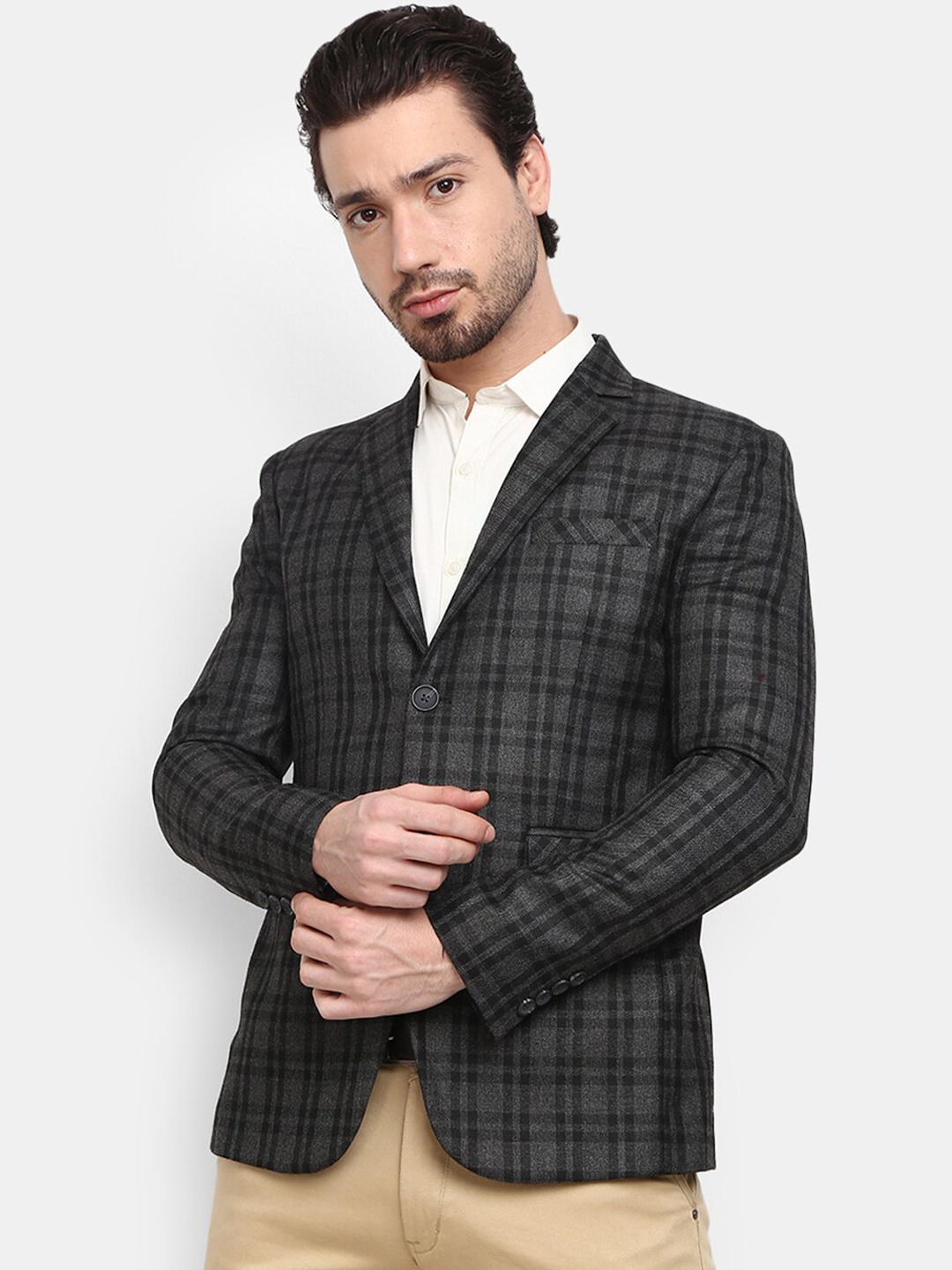 

V-Mart Men Grey & Black Checked Single-Breasted Formal Blazer