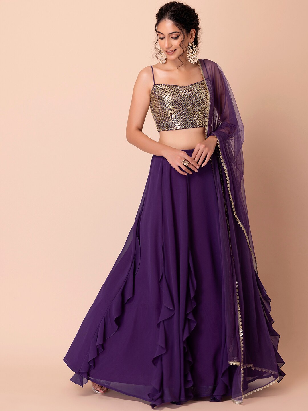 

Indya Luxe Purple & Gold Embellished Sequinned Ready to Wear Lehenga & Blouse With Dupatta