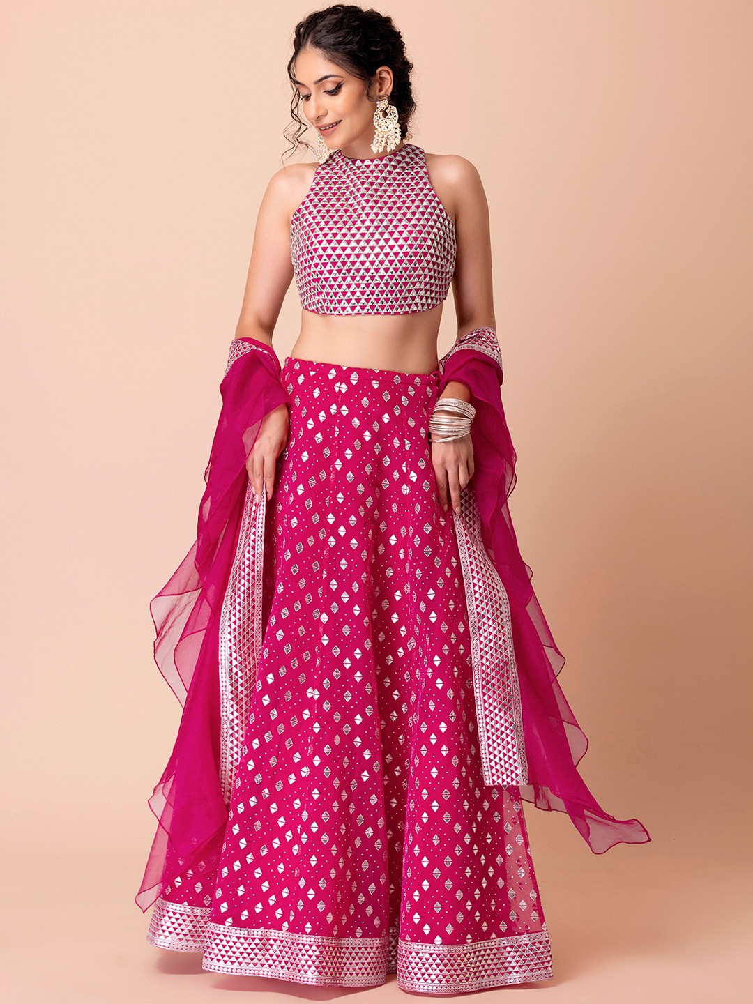 

Indya Luxe Pink & Silver-Toned Embroidered Ready to Wear Lehenga & Blouse With Dupatta
