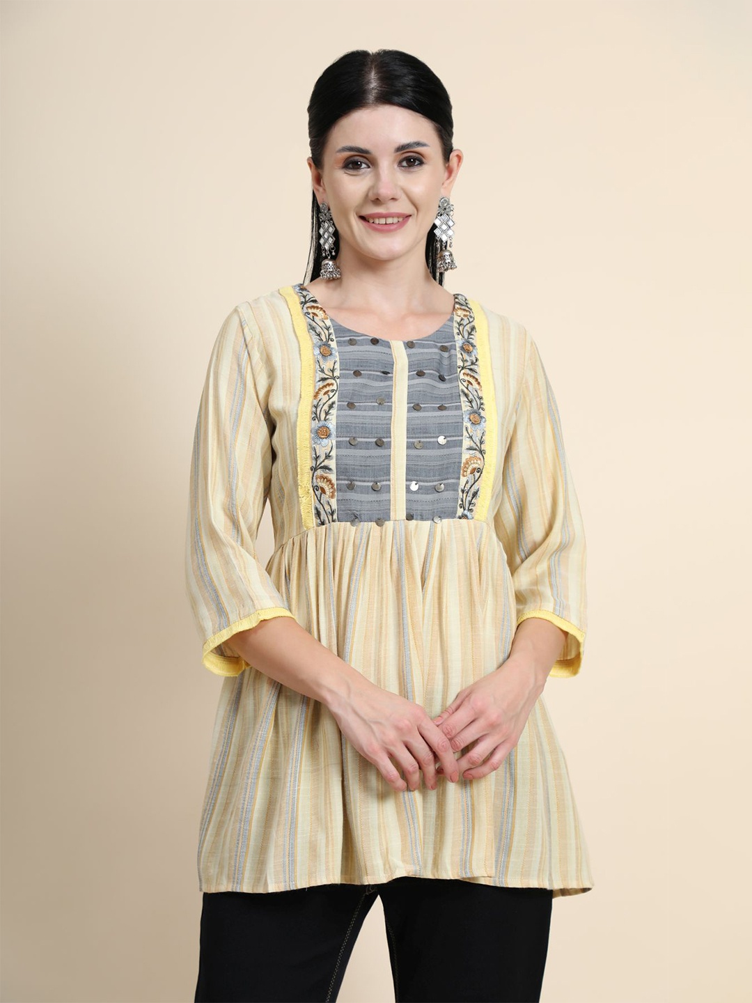 

KALINI Yellow Striped Thread Work Pure Cotton Kurti