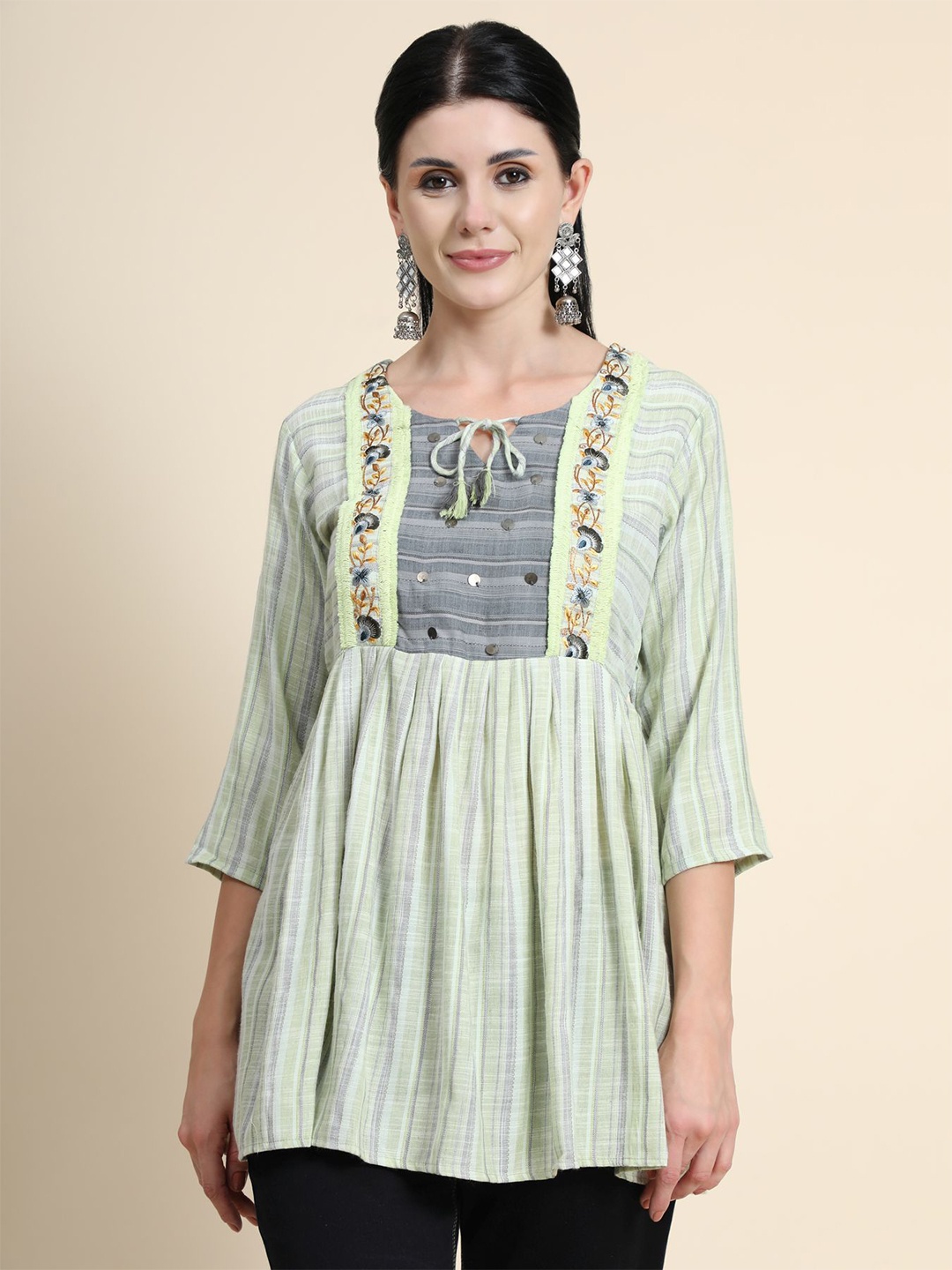

KALINI Green Floral Embroidered Pure Cotton Empire Kurti