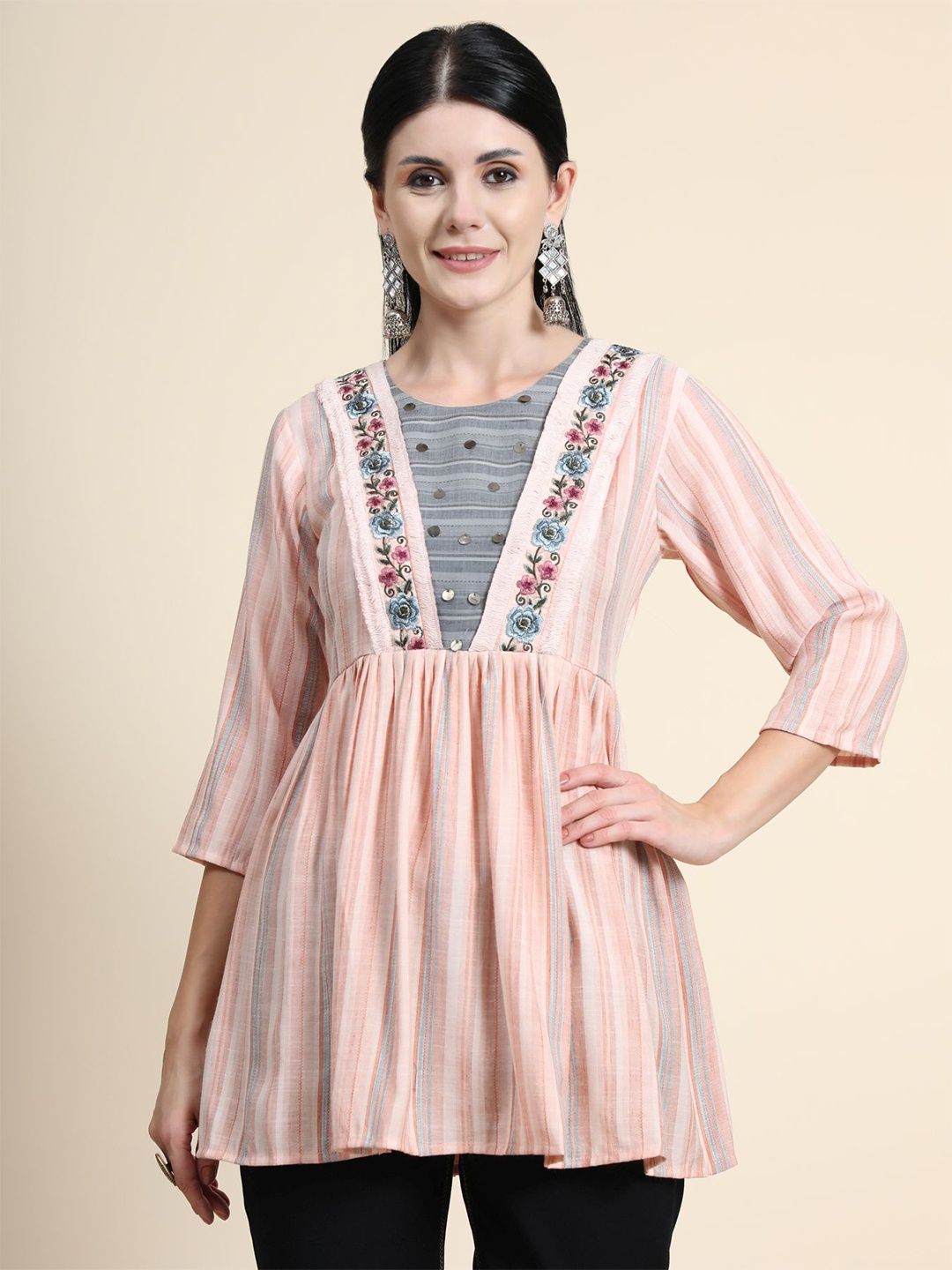 

KALINI Pink & Grey Floral Embroidered Pure Cotton Empire Kurti