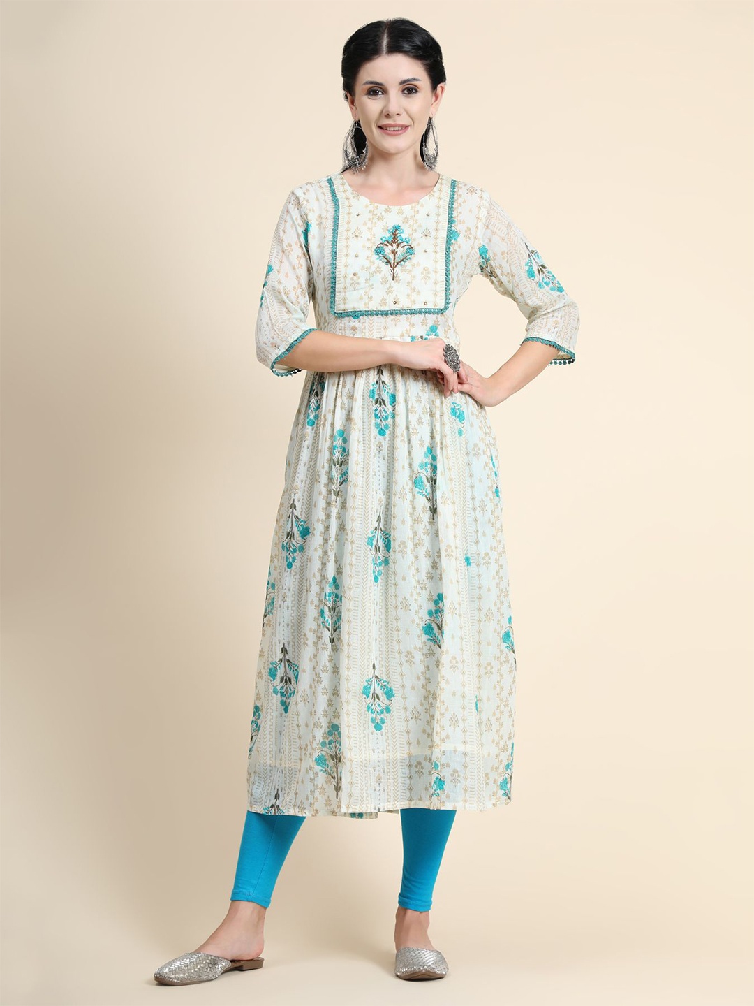 

KALINI Blue & Cream-Coloured Floral Printed Pure Cotton Pleated Kurti
