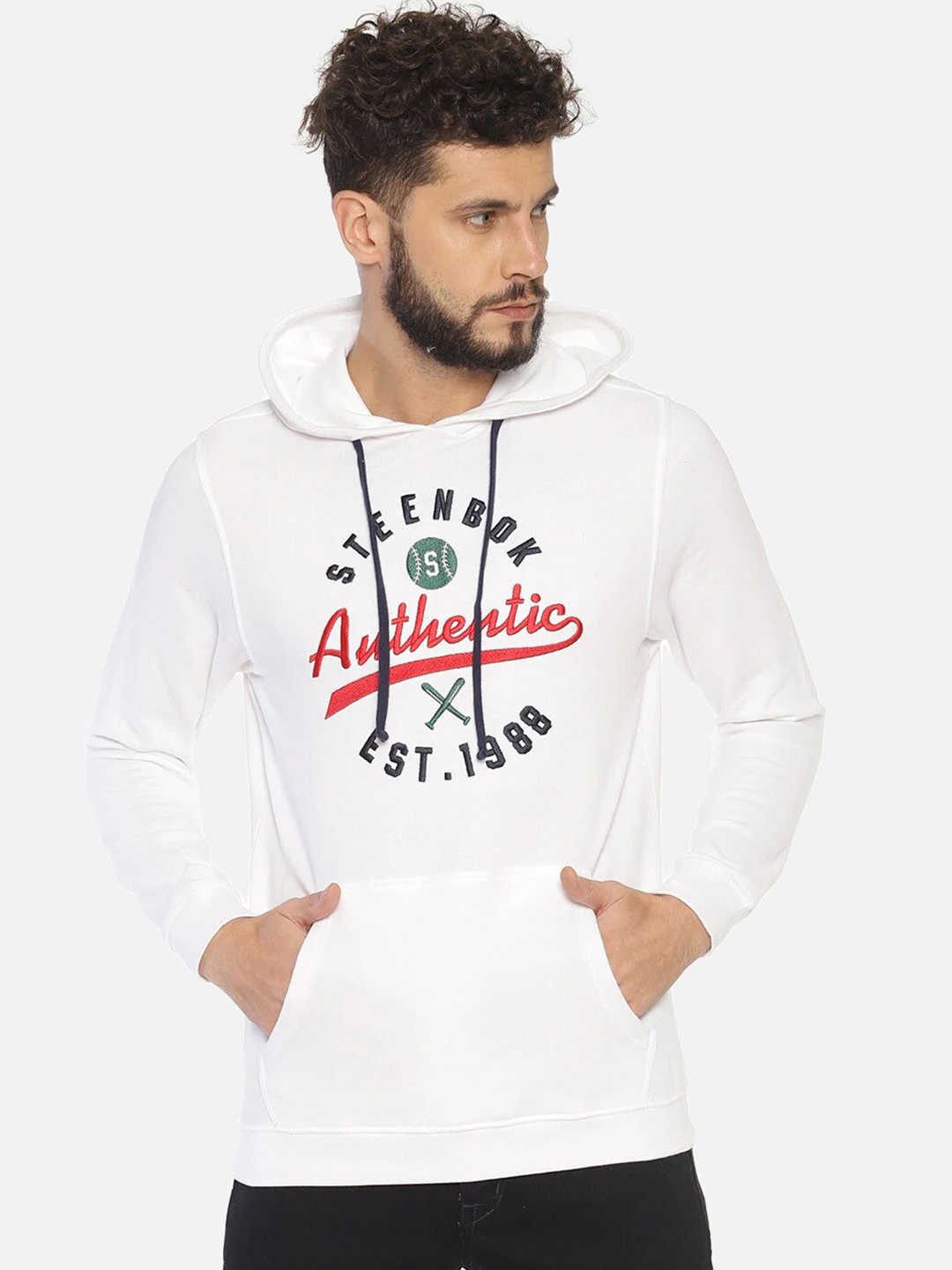 

Steenbok Men White Typography Printed Hooded Sweatshirt