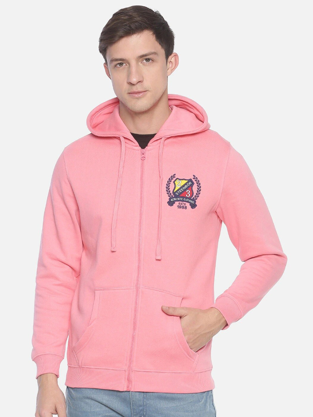 

Steenbok Men Pink Solid Hooded Sweatshirt