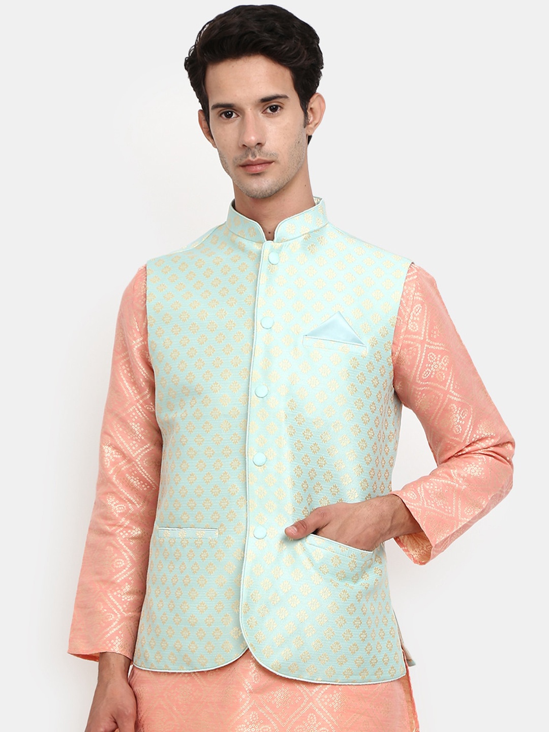 

V-Mart Men Green Woven Design Nehru Jacket