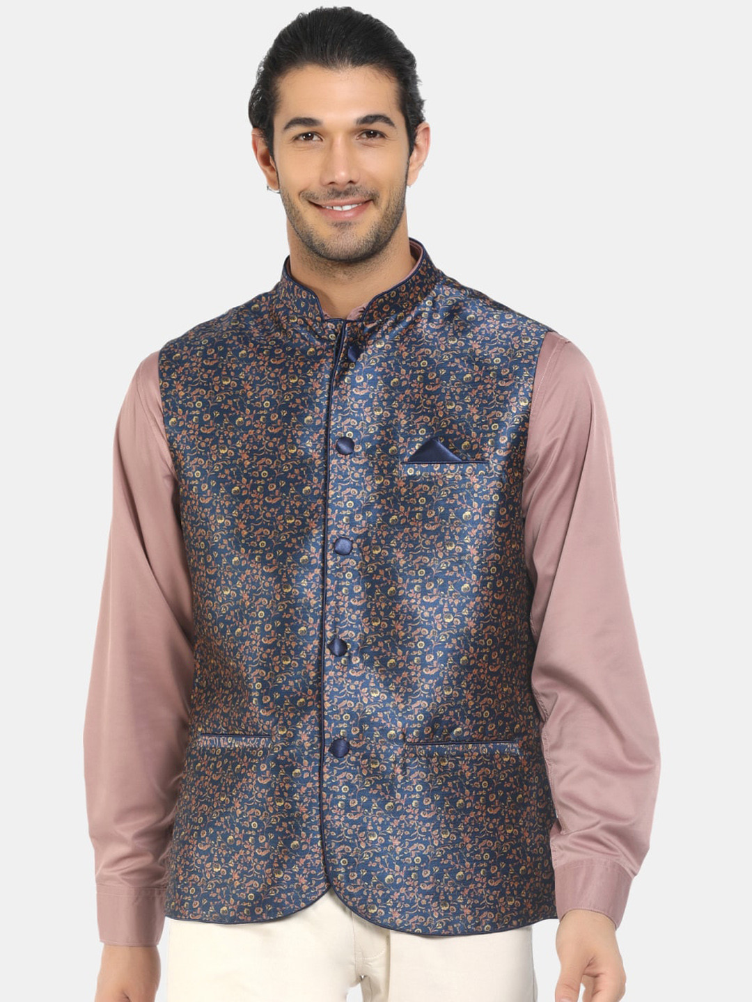 

V-Mart Men Navy Blue & Beige Printed Woven Nehru Jacket