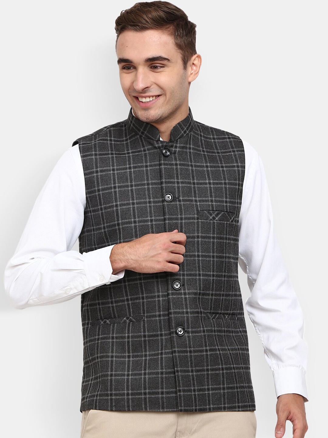

V-Mart Men Grey Checked Woven Nehru Jacket, Black