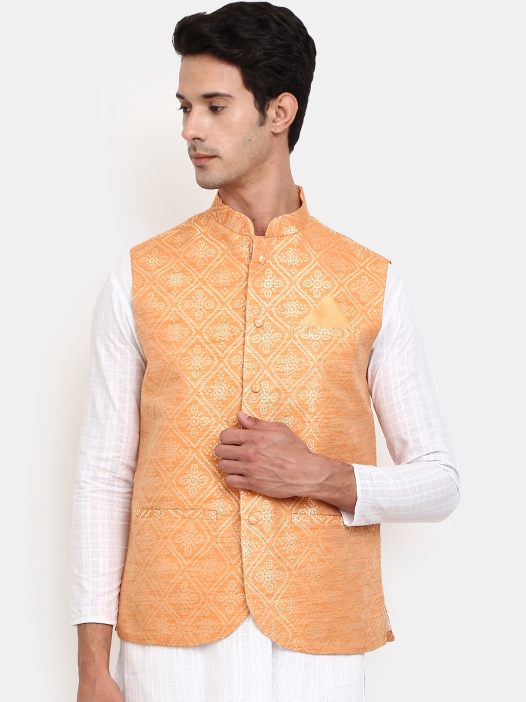 

V-Mart Men Orange Self Design Nehru Jacket