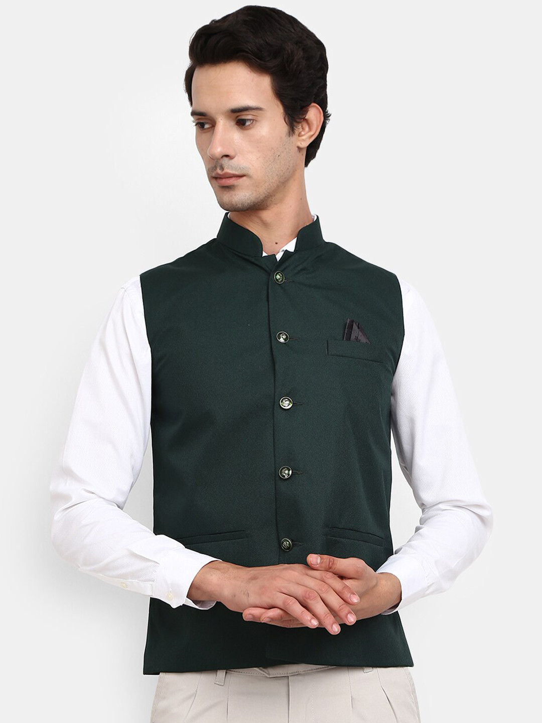 

V-Mart Men Dark Green Solid Mandarin Collar Nehru Jacket