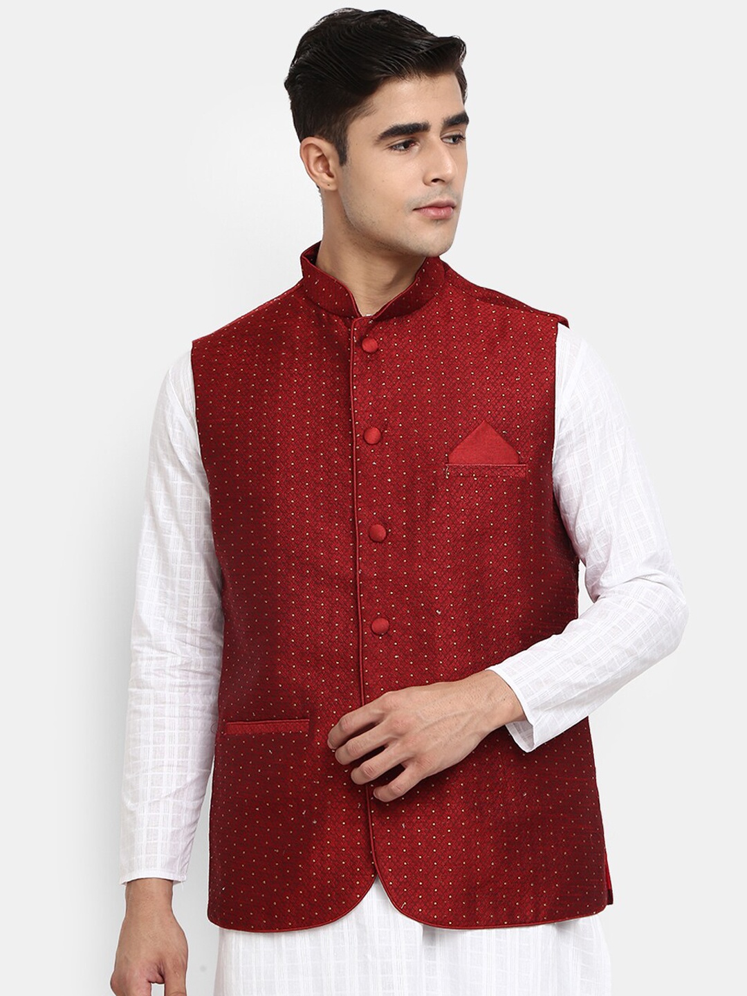 

V-Mart Men Maroon Woven Design Mandarin Collar Nehru Jacket