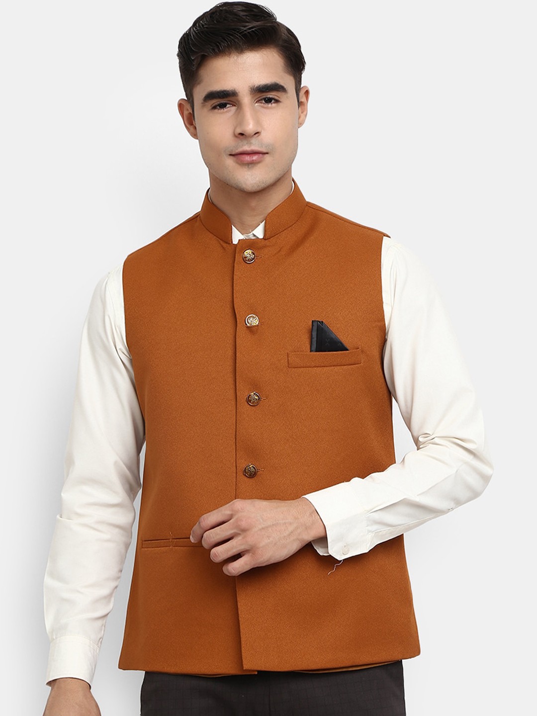 

V-Mart Men Mustard Yellow Solid Woven Nehru Jacket