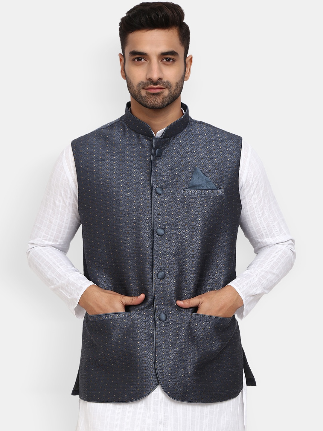 

V-Mart Men Navy Blue Printed Mandarin Collar Nehru Jacket