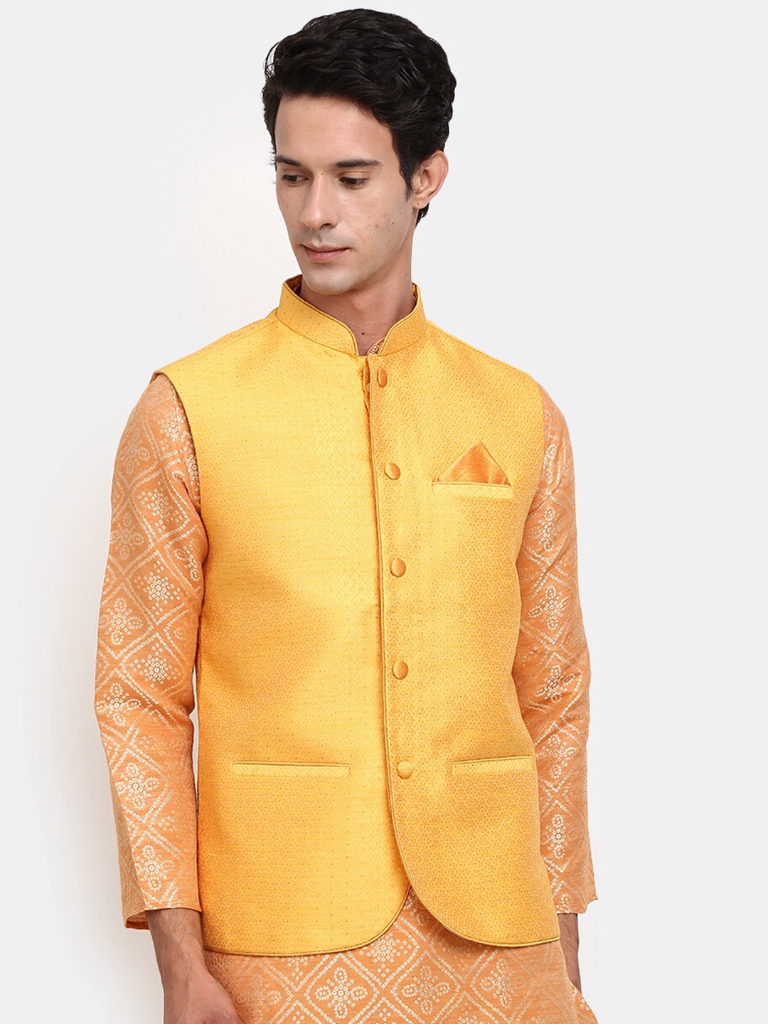 

V-Mart Men Mustard Yellow Woven Design Nehru Jacket