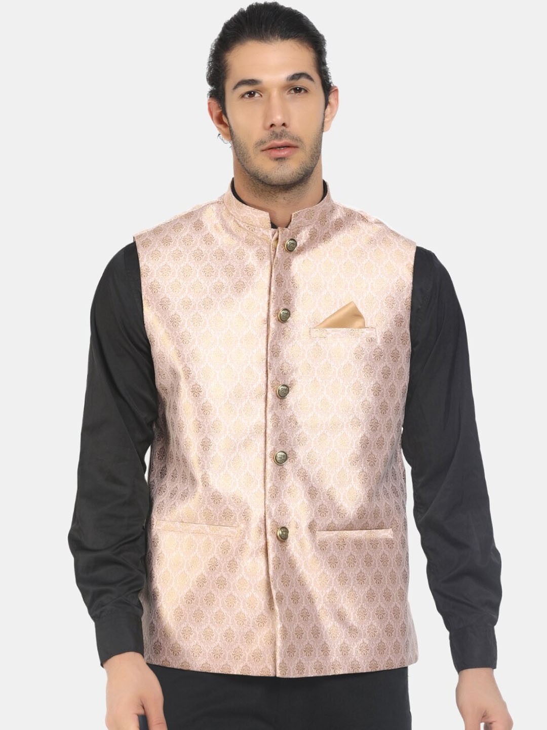 

V-Mart Men Pink & Gold-Coloured Woven Design Nehru Jacket