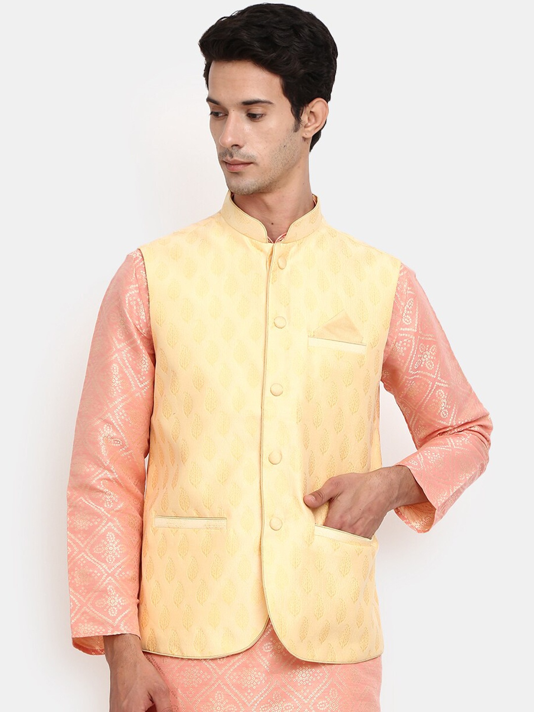 

V-Mart Men Cream-Coloured Woven Design Mandarin Collar Nehru Jacket