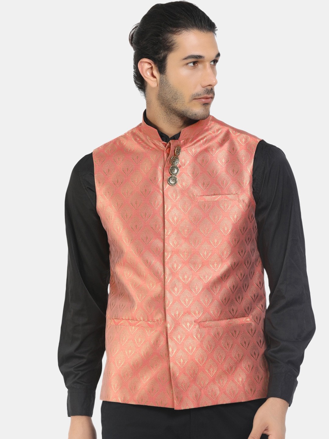

V-Mart Men Pink & Gold-Coloured Woven Design Nehru Jacket