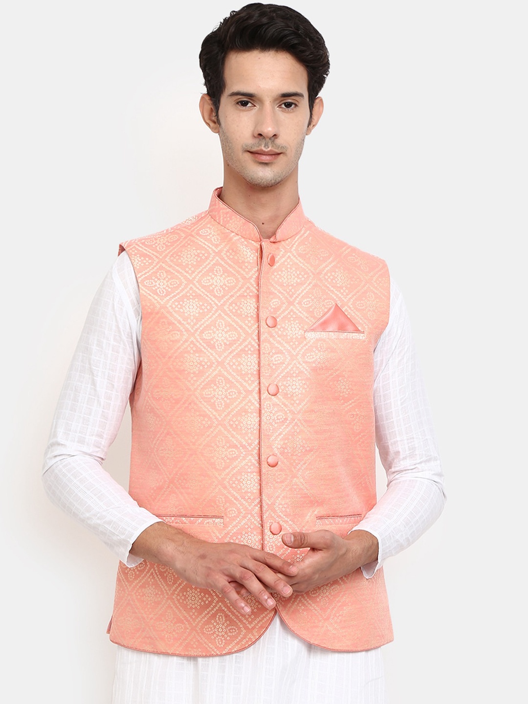 

V-Mart Men Pink & Gold-Coloured Jacquard Nehru Jacket