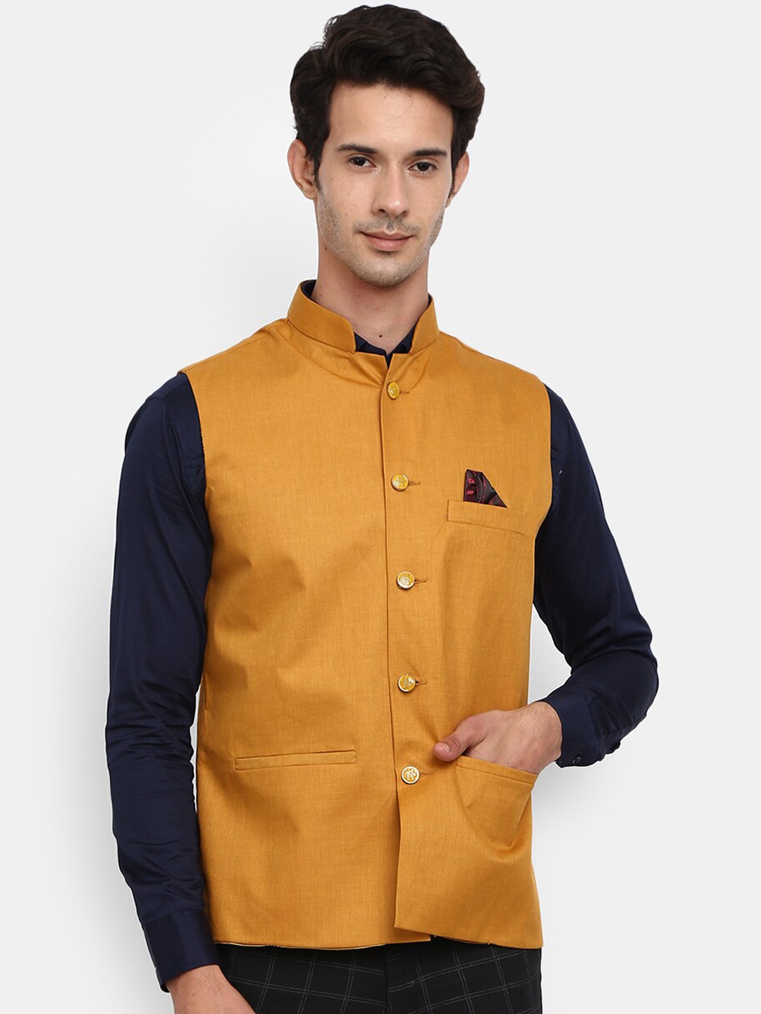 

V-Mart Men Gold-Coloured Solid Woven Nehru Jacket