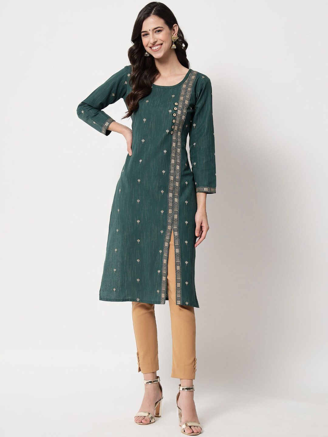 

Tibra Collection Green & Beige Geometric Printed Pure Cotton Kurti